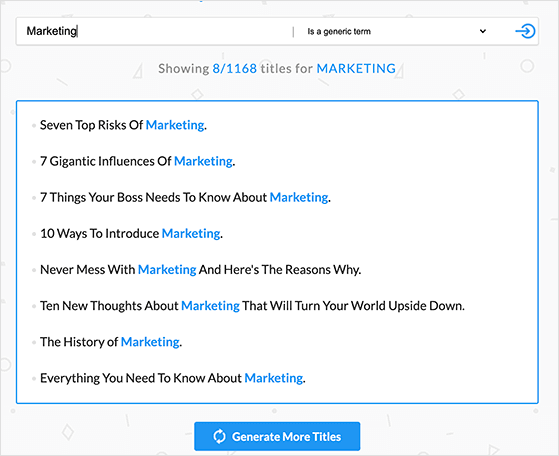 Blog idea generator tool showing titles for free website content