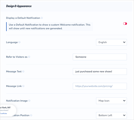 TrustPulse editor showing design customization options for notifications