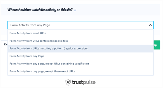 Dropdown menu to choose tracked actions in TrustPulse dashboard
