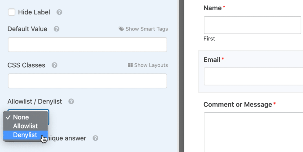 Choose the email denylist option