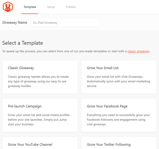 Choose a RafflePress template based on your contest goal, such as growing your email list or followers.