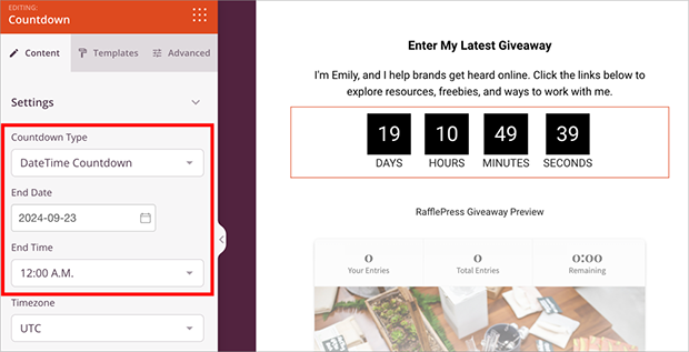 Adding a countdown timer to a giveaway landing page using RafflePress