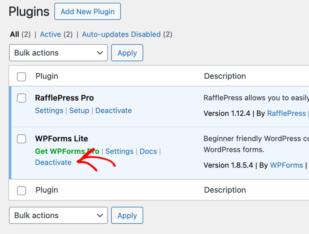 deactivate-WordPress-plugins2x - RafflePress how to fix recaptcha not working by deactivating WordPress plugins