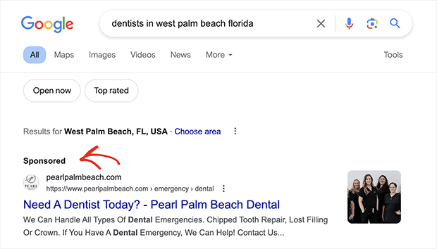 Dentist PPC Ad example