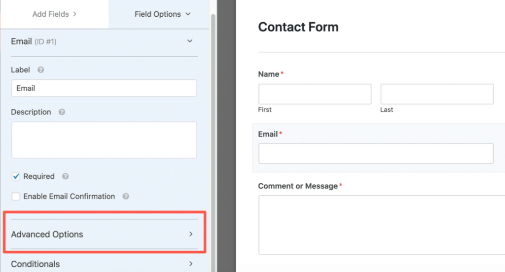 WPForms email advanced panel