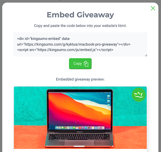 Embed code view in KingSumo for adding the giveaway to your website