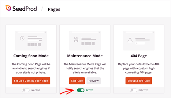 Toggle switch to activate maintenance mode in SeedProd
