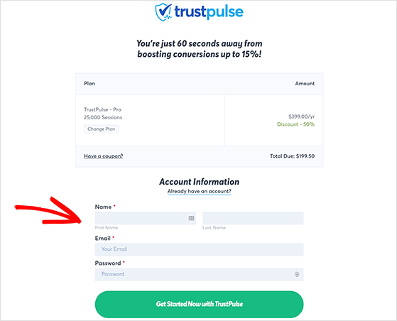 Form to enter account details when signing up for TrustPulse