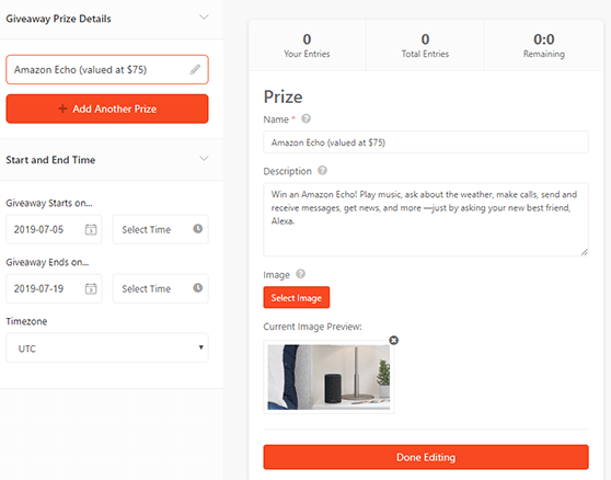Example of entering the prize title and uploading an image for a contest in RafflePress.