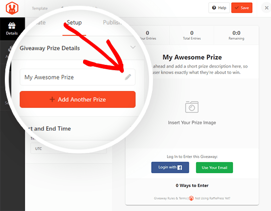 Click the pencil icon to add your giveaway prize name, image, and description.