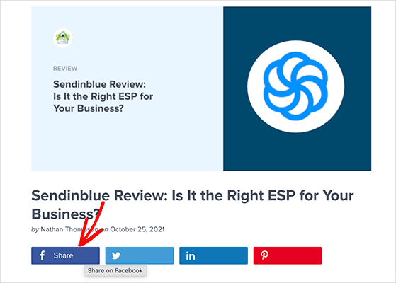 Example of Facebook share button on a WordPress blog