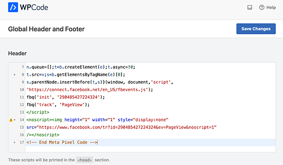 Add the Facebook tracking pixel to your global WordPress header and footer.