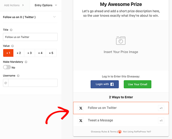 The methods for entering your twitter contest are automatically added with the twitter giveaway template