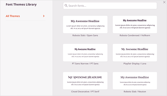 SeedProd font themes showing curated font combinations