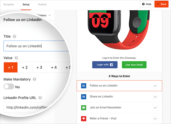 Example of RafflePress giveaway entry options to promote your blog on LinkedIn