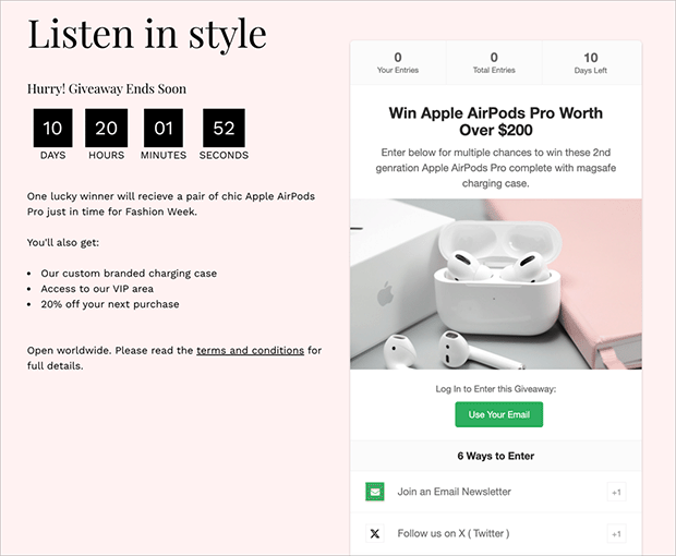 Example of a giveaway landing page with a visible countdown timer above the entry form