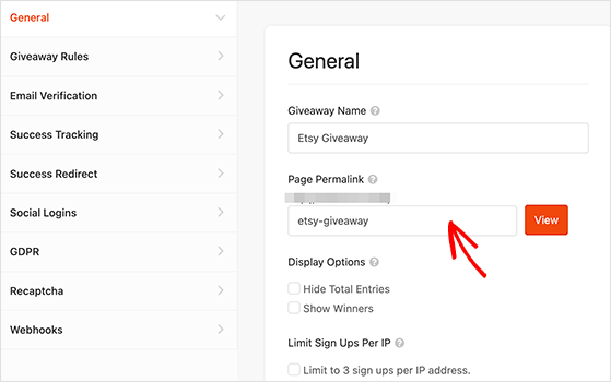 giveaway-page-permalink - RafflePress giveaway landing page permalink