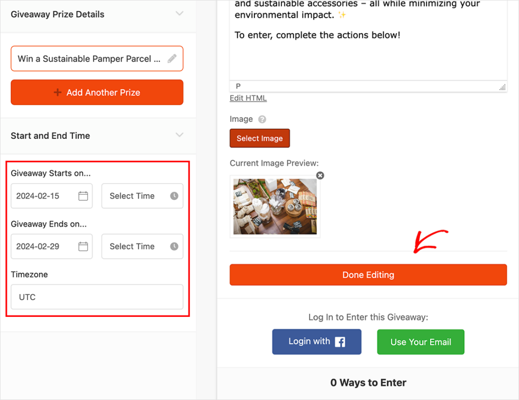 Giveaway start time and prize image in RafflePress