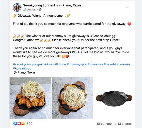 Example of a Facebook giveaway winner announcement with image and thank you message.
