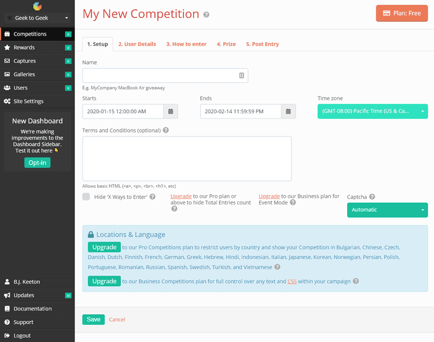 Gleam competition setup