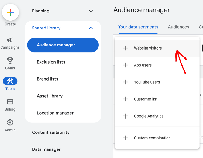 Adding a custom audience in Google Ads manager