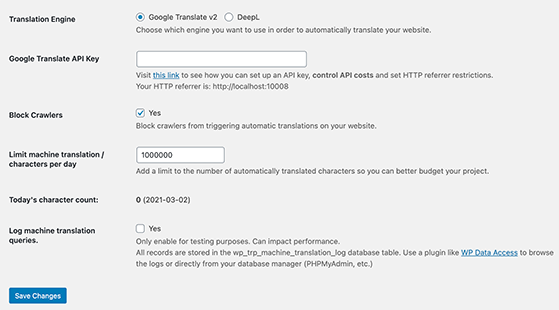Google translate settings
