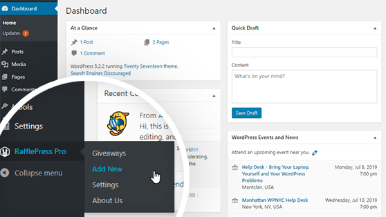 Click “Add New” in RafflePress to create a new online contest in WordPress.