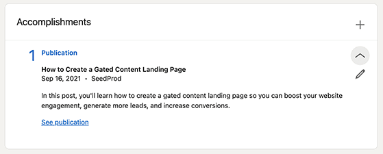 Example of blog links in the LinkedIn Publications section