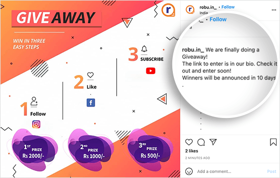 Promoting an Instagram giveaway with the link in bio