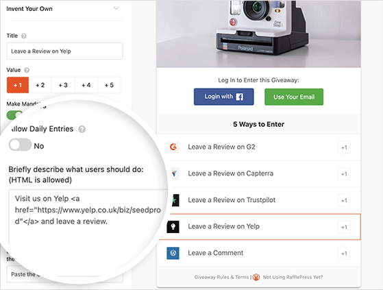 Invent your own review giveaway action