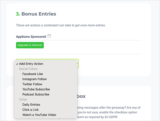 KingSumo bonus entry settings with options for social follows and link clicks
