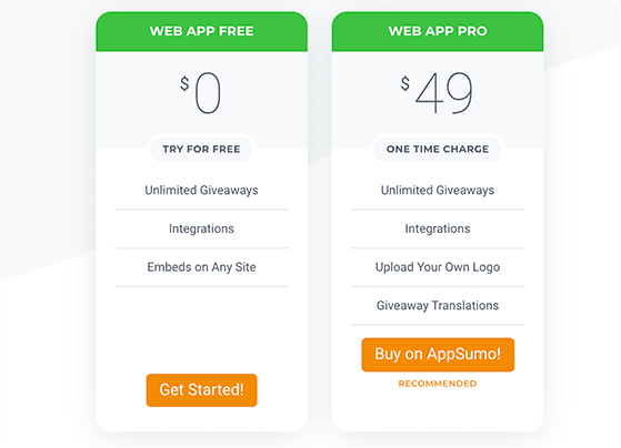Screenshot of KingSumo pricing plans comparing free and paid versions