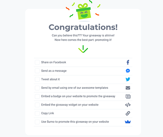 Publishing screen in KingSumo showing options to share on social media or email