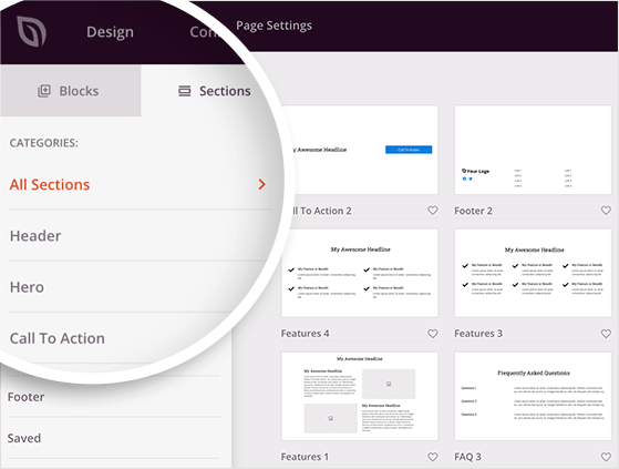 SeedProd’s pre-built landing page sections like Hero and FAQ