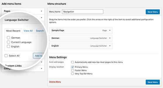 Language switcher menu items