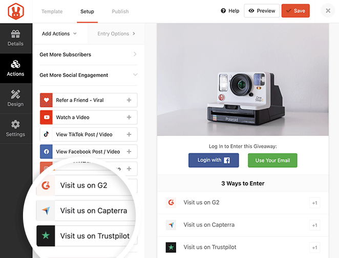 How to get more reviews using RafflePress giveaway actions for G2, Trustpilot, and Capterra