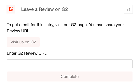 leave-review-g2 - RafflePress A screenshot showing the front-end view of the visit us on G2 RafflePress action