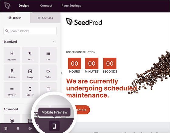 Activating mobile preview mode in SeedProd builder