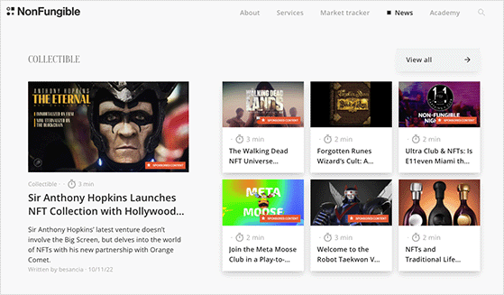 examples of content to promote NFT art on a website