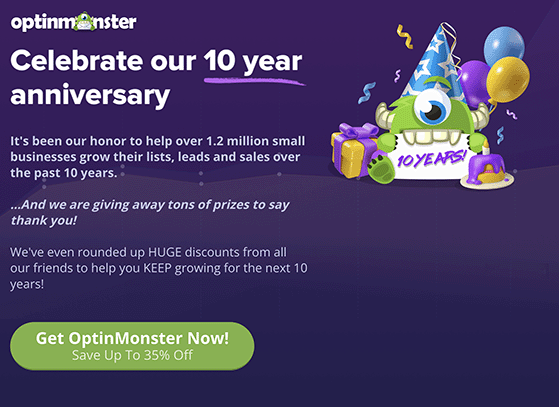 OptinMonster birthday giveaway landing page with multiple prize tiers