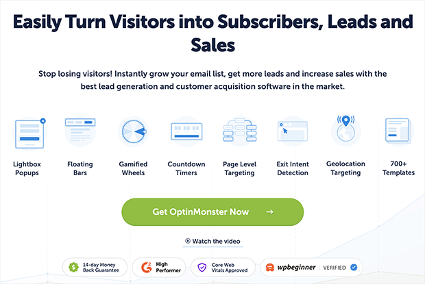 OptinMonster dashboard showing pop-ups, floating bars, and on-site messages.