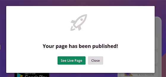 Notification confirming WordPress landing page is live after publishing