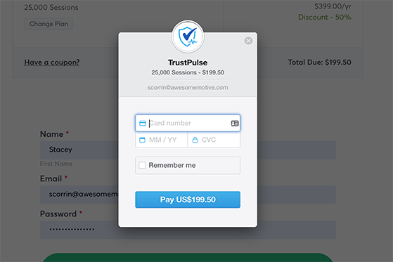 Secure payment form to purchase TrustPulse subscription