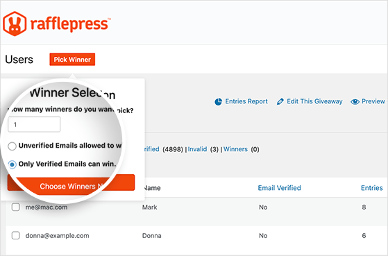 Pick a verified giveaway winner with one click inside the RafflePress dashboard.