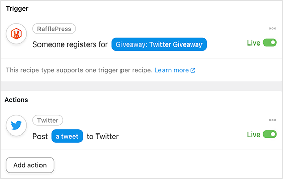 post-tweet-rafflepress-uncanny-automator - RafflePress A screenshot of RafflePress giveaway trigger and action to post a tweet via Uncanny Automator