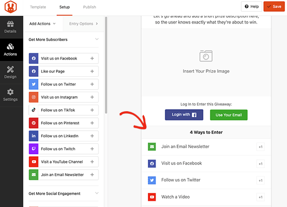 Entry action options for a pre-launch giveaway using RafflePress