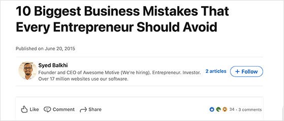 Example of publishing LinkedIn articles to promote your blog