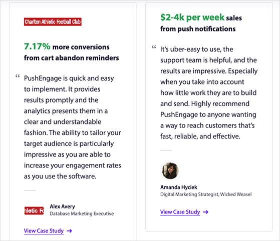 PushEngage case study social proof