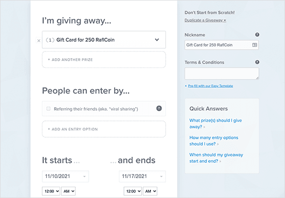 Rafflecopter giveaway builder interface