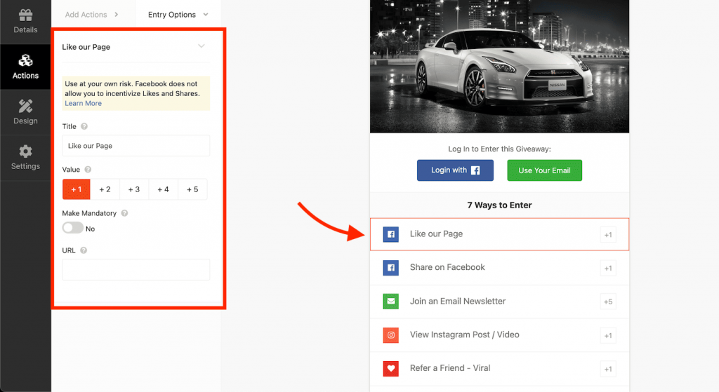 Like our Facebook page entry option